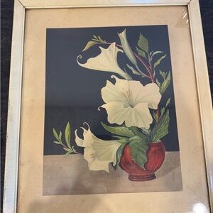 1950s Ikebana Arranged White Petunia Foral Scenic Lithograph by Lithoin, Framed